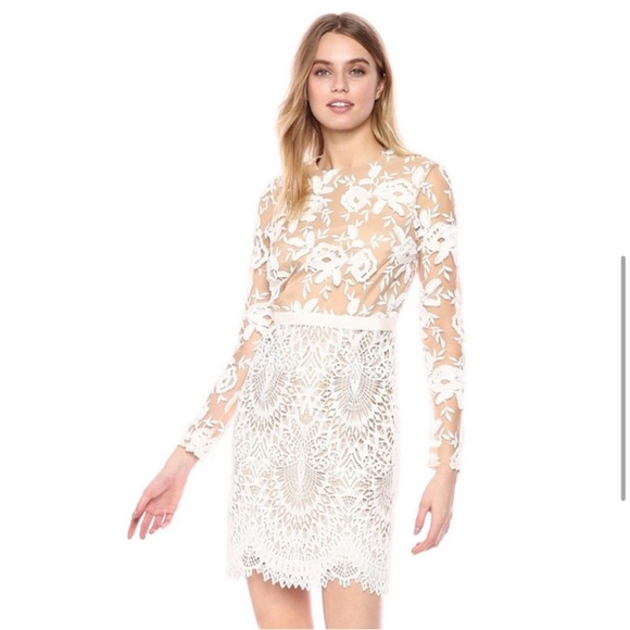 ML Monique Lhuillier White & Beige nude Lacey Cocktail formal Dress xs 3D Sz 2 - Picture 8 of 17
